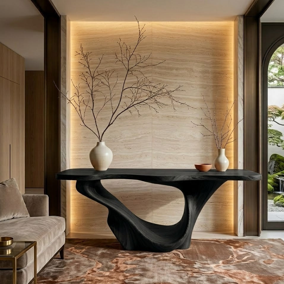 Sculptural Console Table – Solid Wood Entryway Table with Curved Base