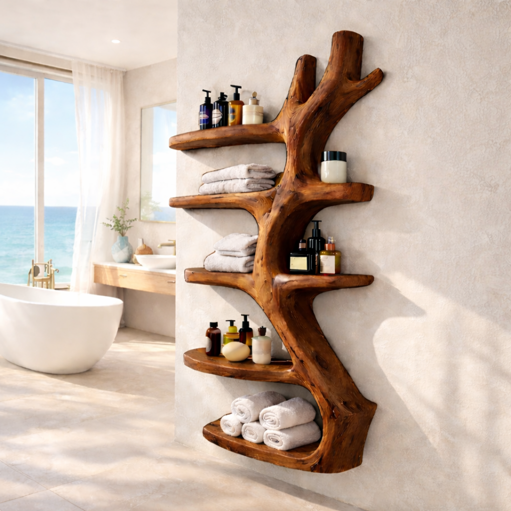 Sculptural Bathroom Shelf – Solid Wood Towel Shelf for Bathroom Decor