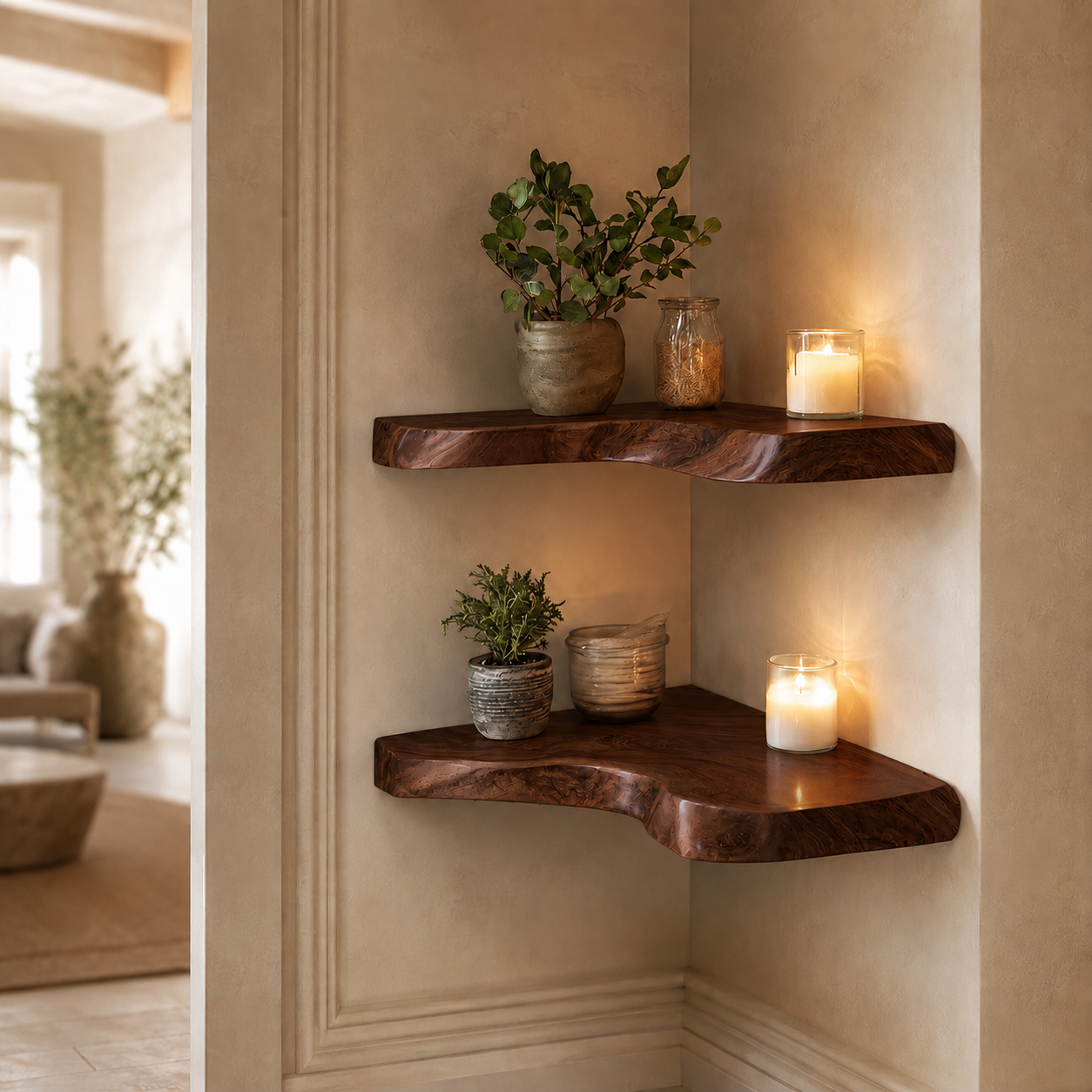 Live Edge Corner Shelves – Solid Wood Floating Shelves for Home Decor