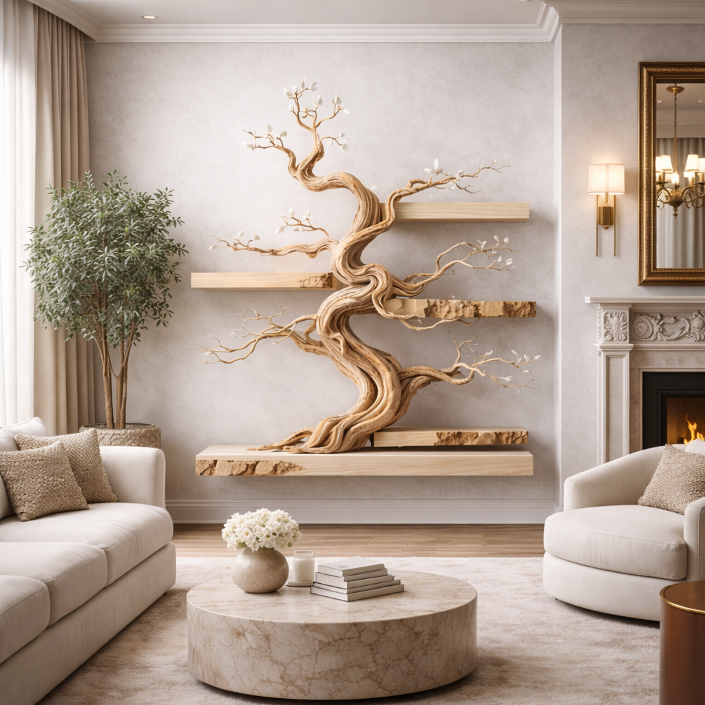Bonsai Tree Wall Shelf – Wooden Floating Shelf Decor