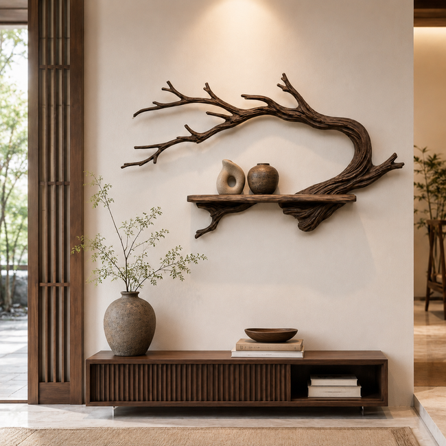 Branch Wood Wall Shelf – Solid Wood Floating Display Shelf with Natural Tree Form Hover Image