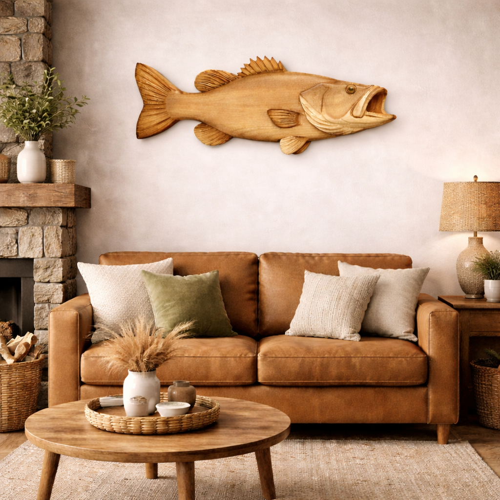 Largemouth Bass Wall Art – Solid Wood Decorative Panel for Fishing Cabin Decor