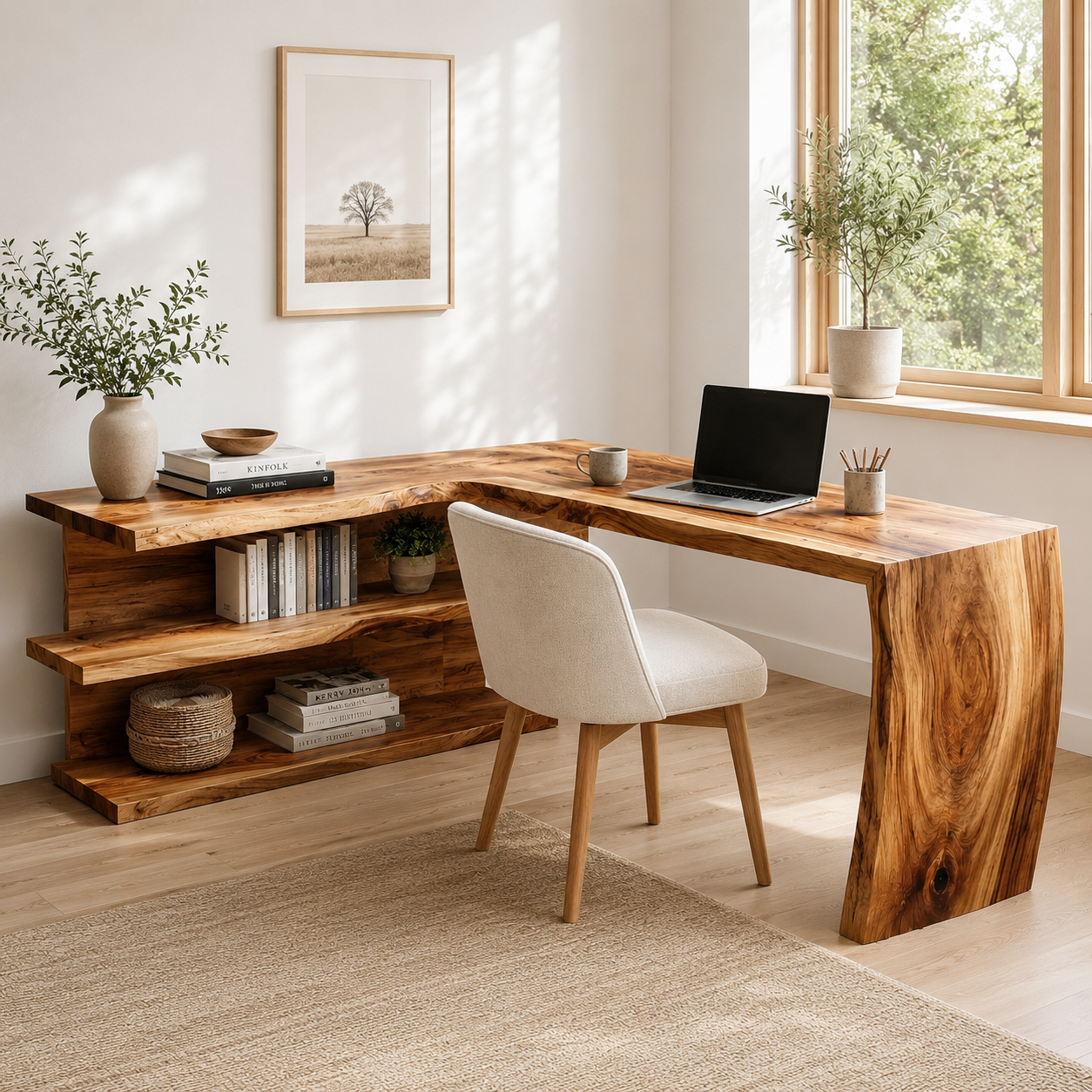 L Shaped Wood Desk – Solid Wood Computer Desk with Storage Shelf for Home Office Decor