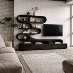S-Shaped TV Stand – Solid Wood Media Console with Shelves for Living Room Decor