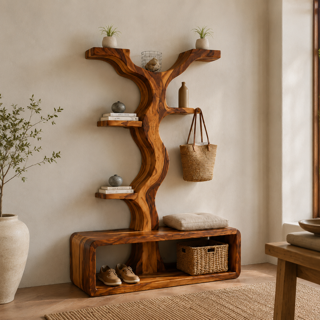 Wave Tree Entryway Hall Tree – Solid Wood Coat Rack Bench with Shelves and Shoe Storage
