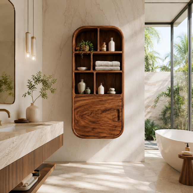 Rounded Wood Bathroom Cabinet – Solid Wood Wall Mounted Storage Cabinet for Bathroom Decor Hover Image