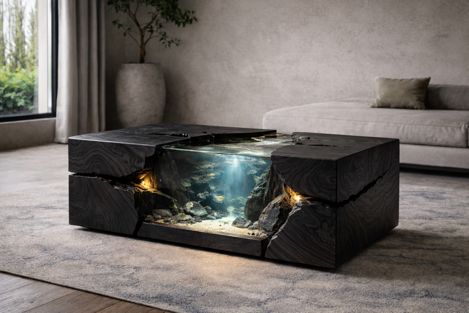 Solid Wood Aquarium Coffee Table – Sculptural Design with Glass Tank