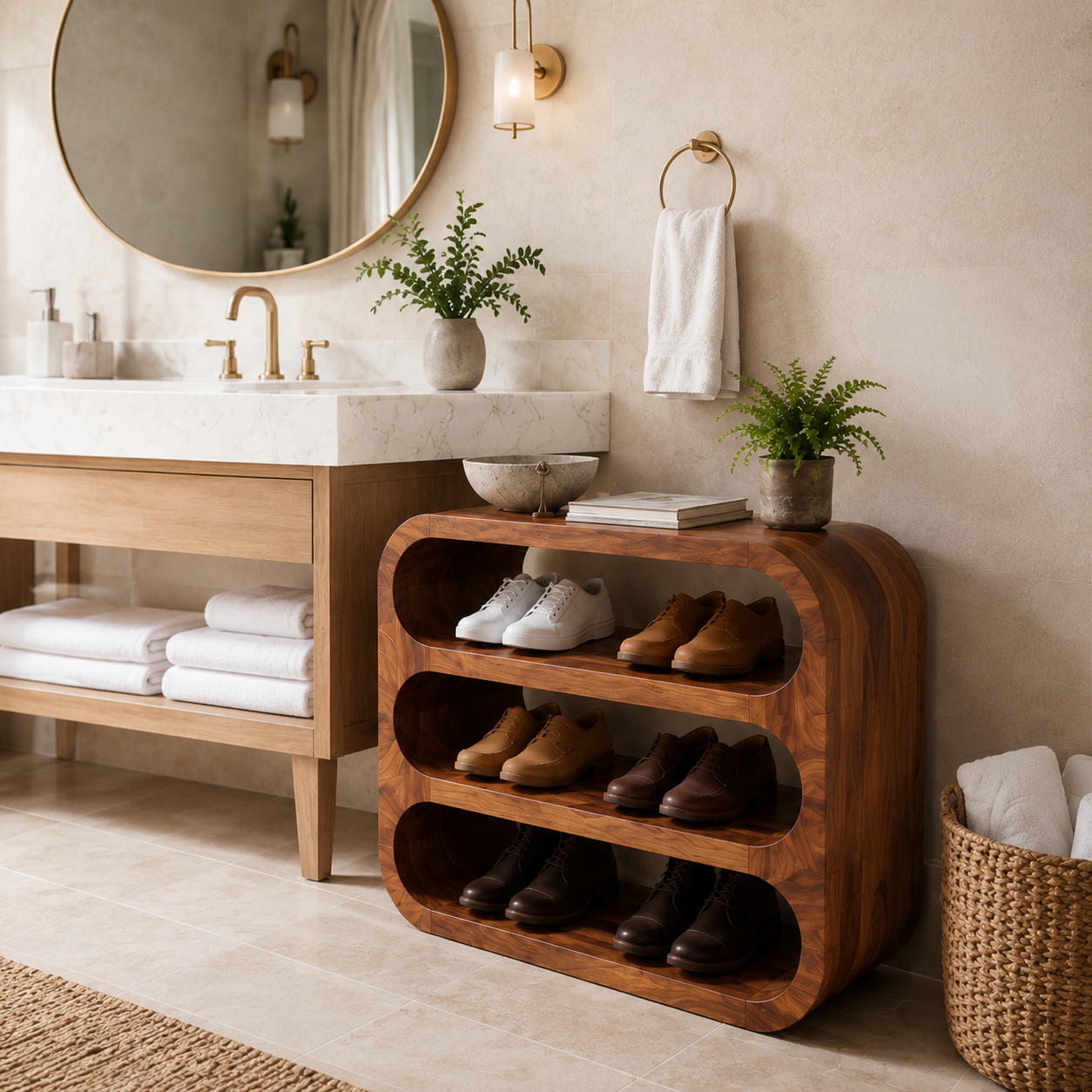 Curved Wood Shoe Rack – Solid Wood Entryway Shoe Storage Shelf for Home Decor