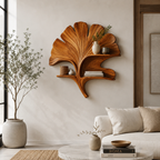 Ginkgo Leaf Wood Wall Art – Solid Wood Floating Shelf for Living Room Decor