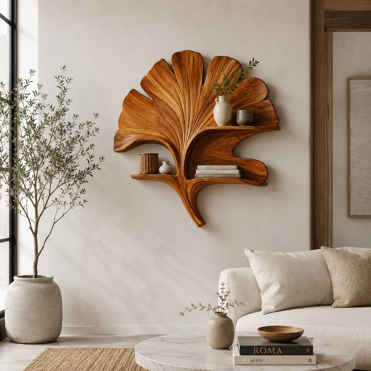 Ginkgo Leaf Wood Wall Art – Solid Wood Floating Shelf for Living Room Decor