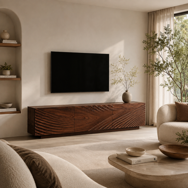Carved Wave Wood Media Console Main Image