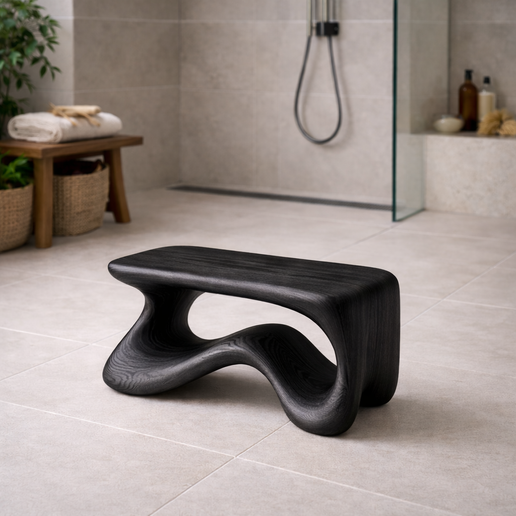 Sculptural Wooden Shower Bench - Modern Minimalist Bathroom Stool
