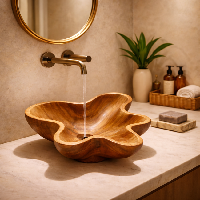 Wooden Floral Sink Basin | Handcrafted Natural Bathroom Sink Main Image