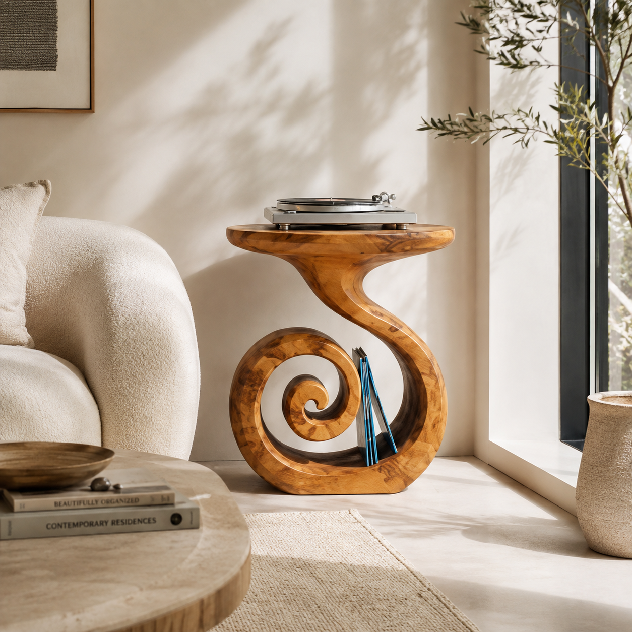 Spiral Sculptural Wood Side Table