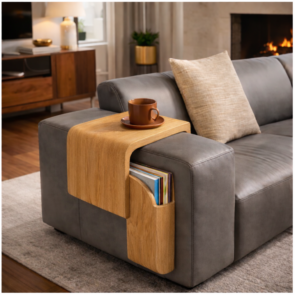 Sofa Armrest Side Table – Solid Wood Table with Storage Pocket