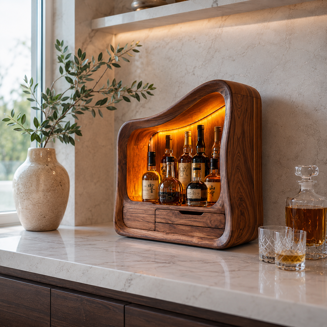 Sculptural Wood Display Cabinet – Solid Wood Lighted Storage Cabinet for Living Room Decor