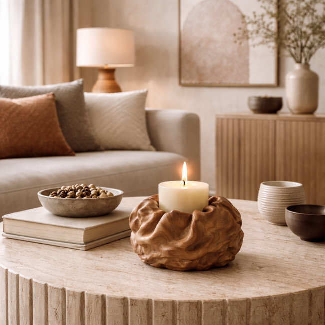 Wooden Drip Candle Holder – Handcrafted Natural Candle Stand Design Hover Image