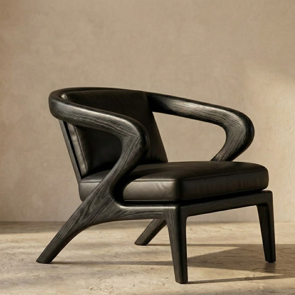 Sculptural Accent Chair – Solid Wood Lounge Chair with Cushioned Seat