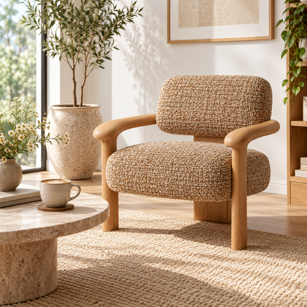 Textured Upholstered Wood Armchair