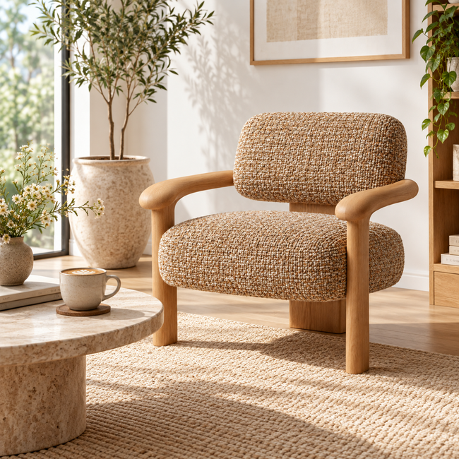 Textured Upholstered Wood Armchair Hover Image