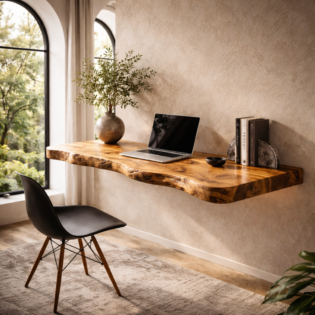 Live Edge Floating Desk – Solid Wood Wall-Mounted Desk for Home Office Decor