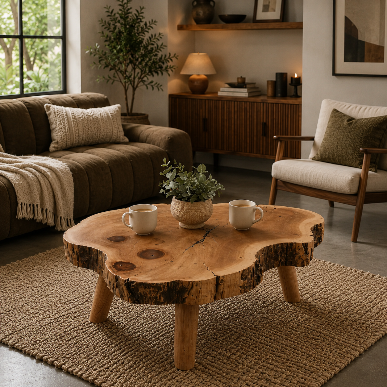 Rustic Solid Wood Coffee Table – Organic Tree Slice Center Table for Living Room Decor