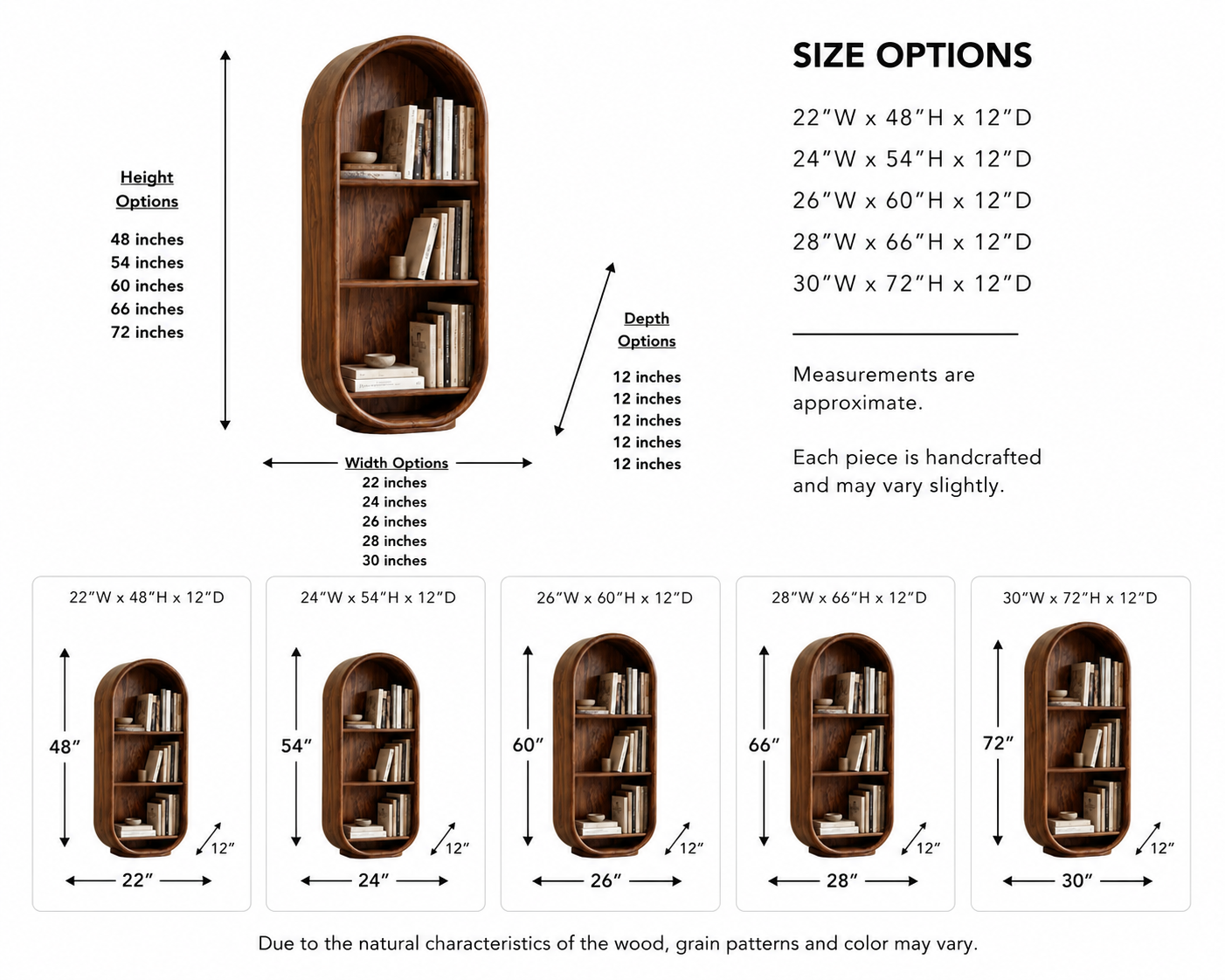 Arched Wood Bookshelf – Solid Wood Display Cabinet for Living Room Decor