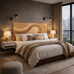 Modern Solid Wood Bed with Wave Headboard – Sculptural Design