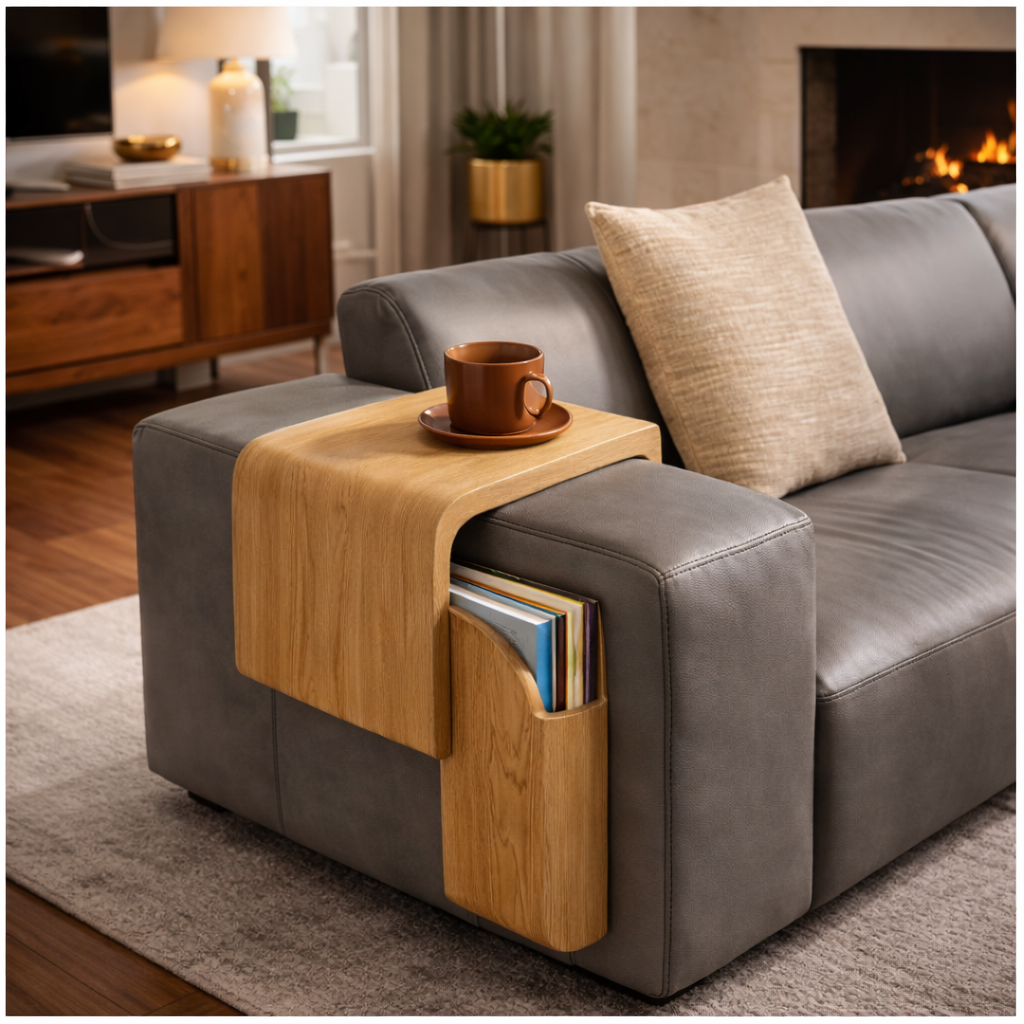 Sofa Armrest Side Table – Solid Wood Table with Storage Pocket