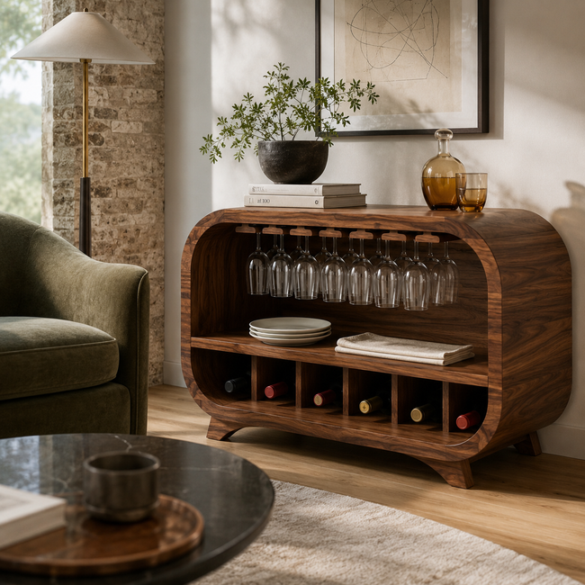 Curved Wood Bar Cabinet – Solid Wood Wine Storage Cabinet with Glass Holder for Living Room Decor Hover Image