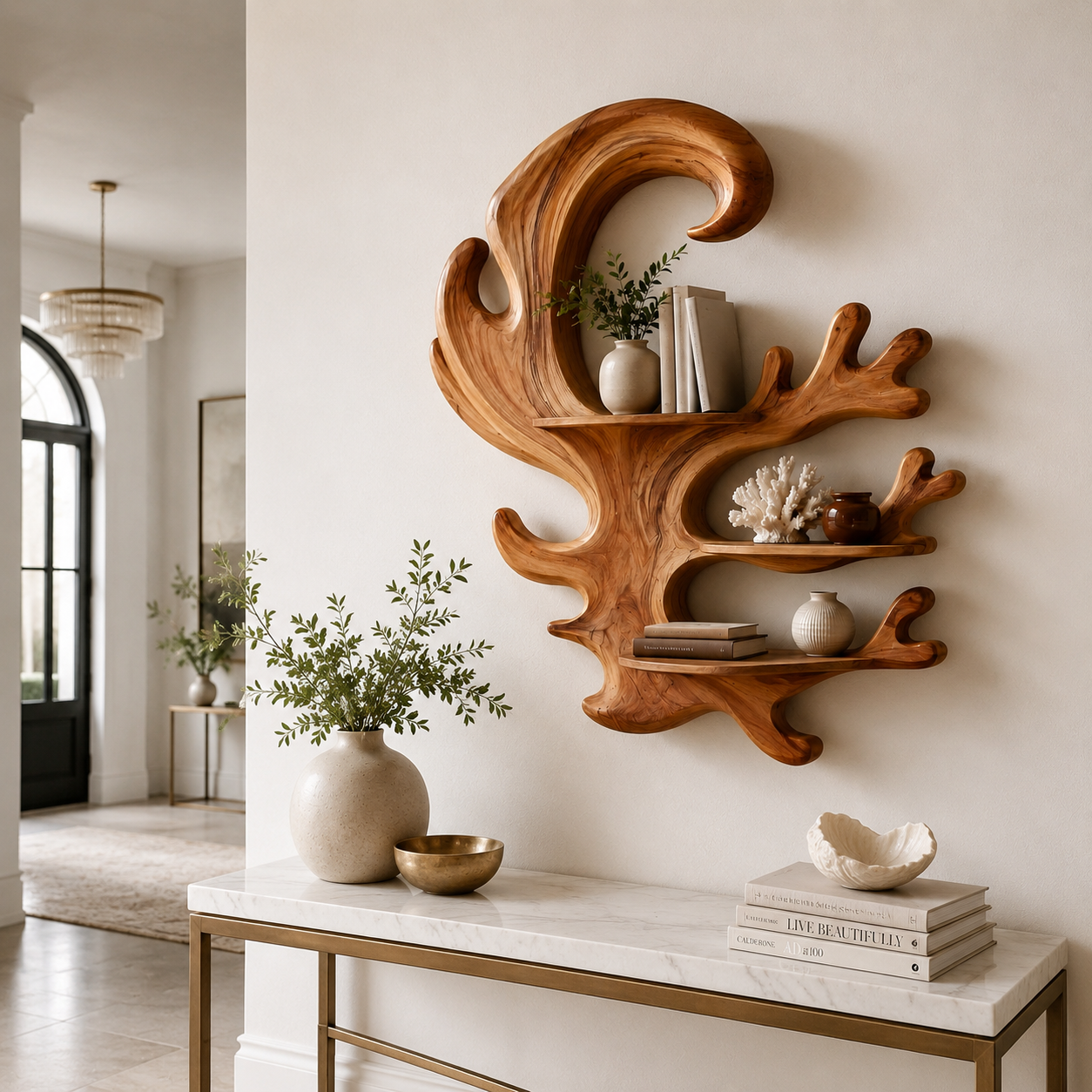 Antler Wood Wall Shelf – Solid Wood Floating Display Shelf for Rustic Living Room Decor