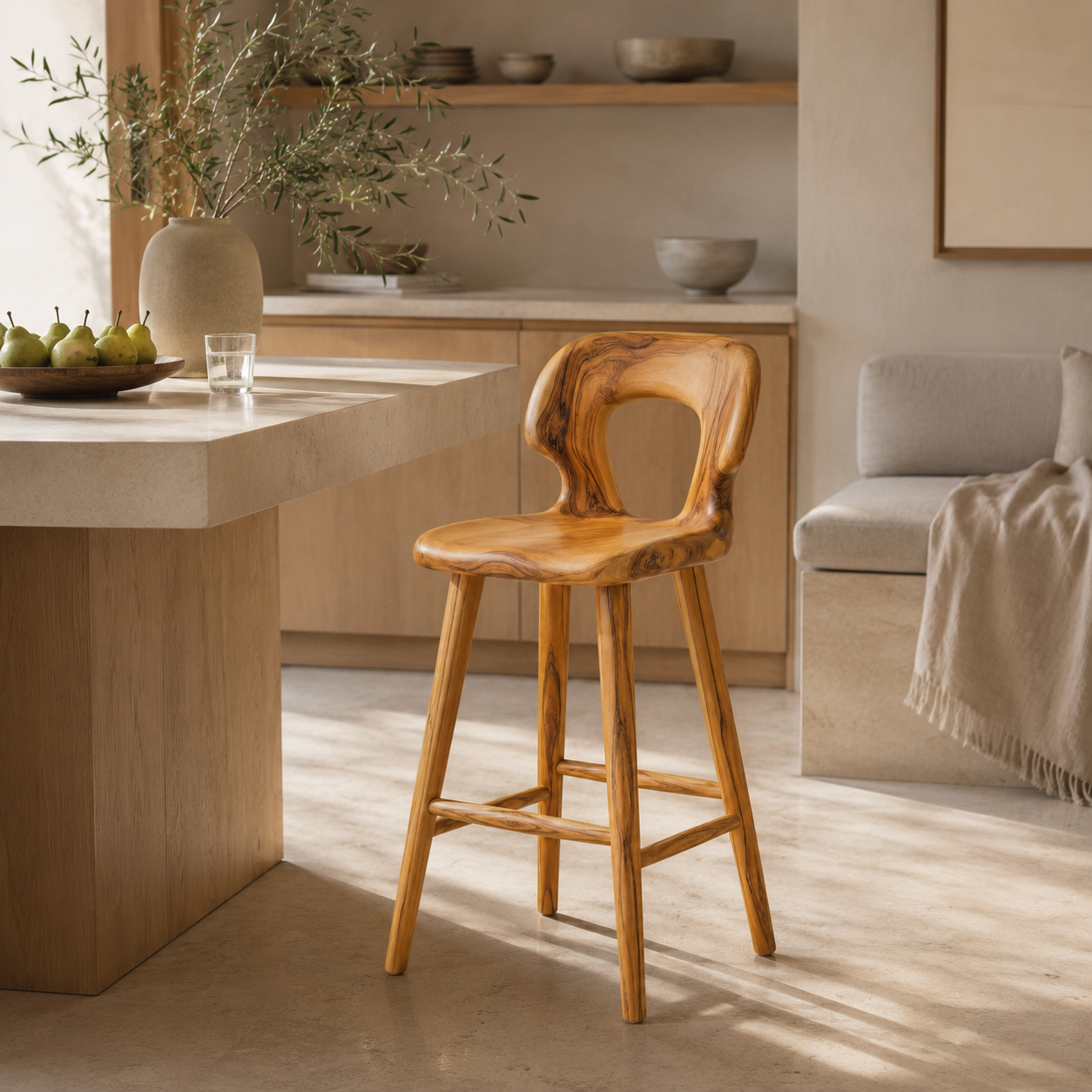 Sculptural Wood Bar Stool – Solid Wood Counter Chair for Kitchen Island Decor