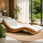 Curved Wood Chaise Lounge – Solid Wood Lounge Chair with Cushion for Living Room Decor