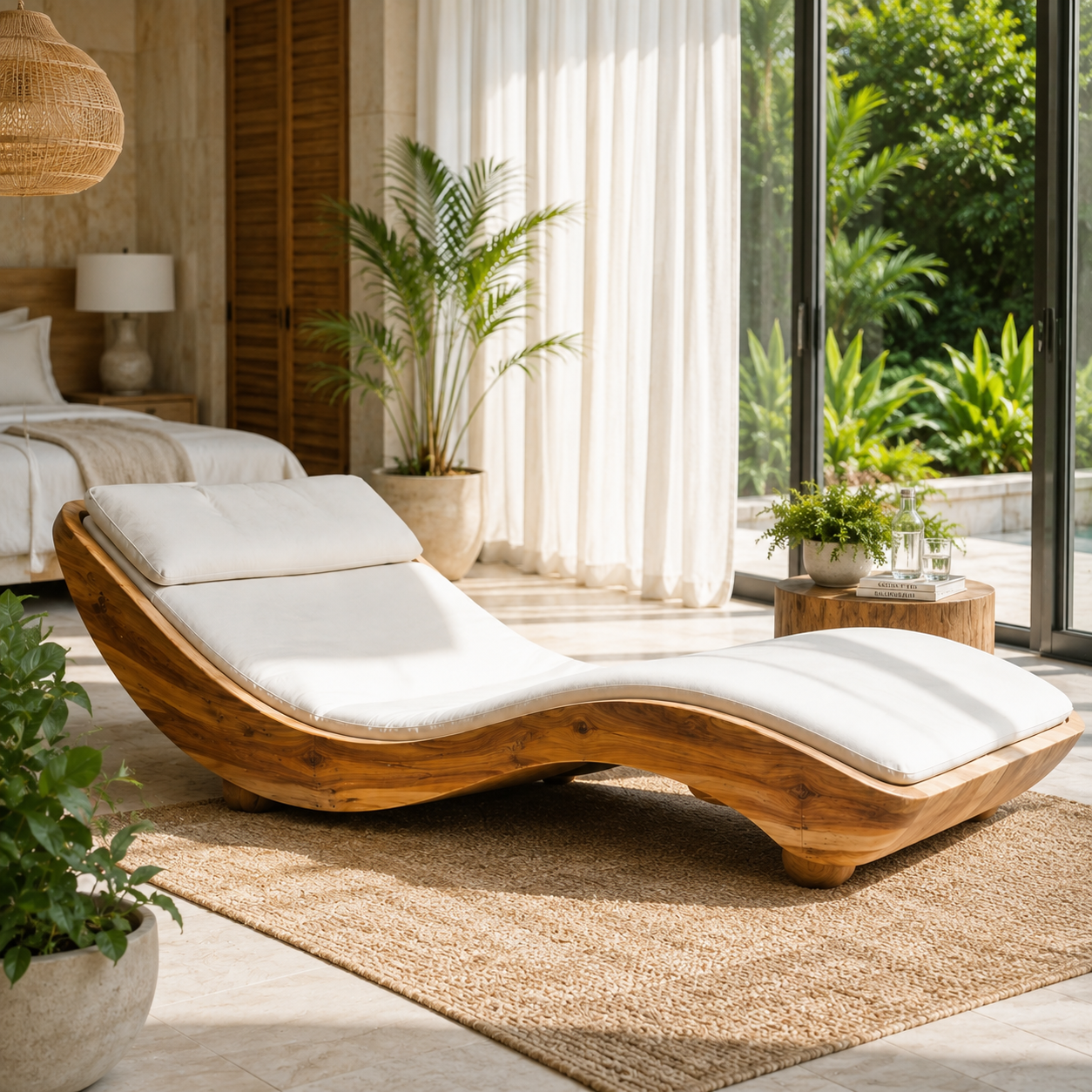 Curved Wood Chaise Lounge – Solid Wood Lounge Chair with Cushion for Living Room Decor