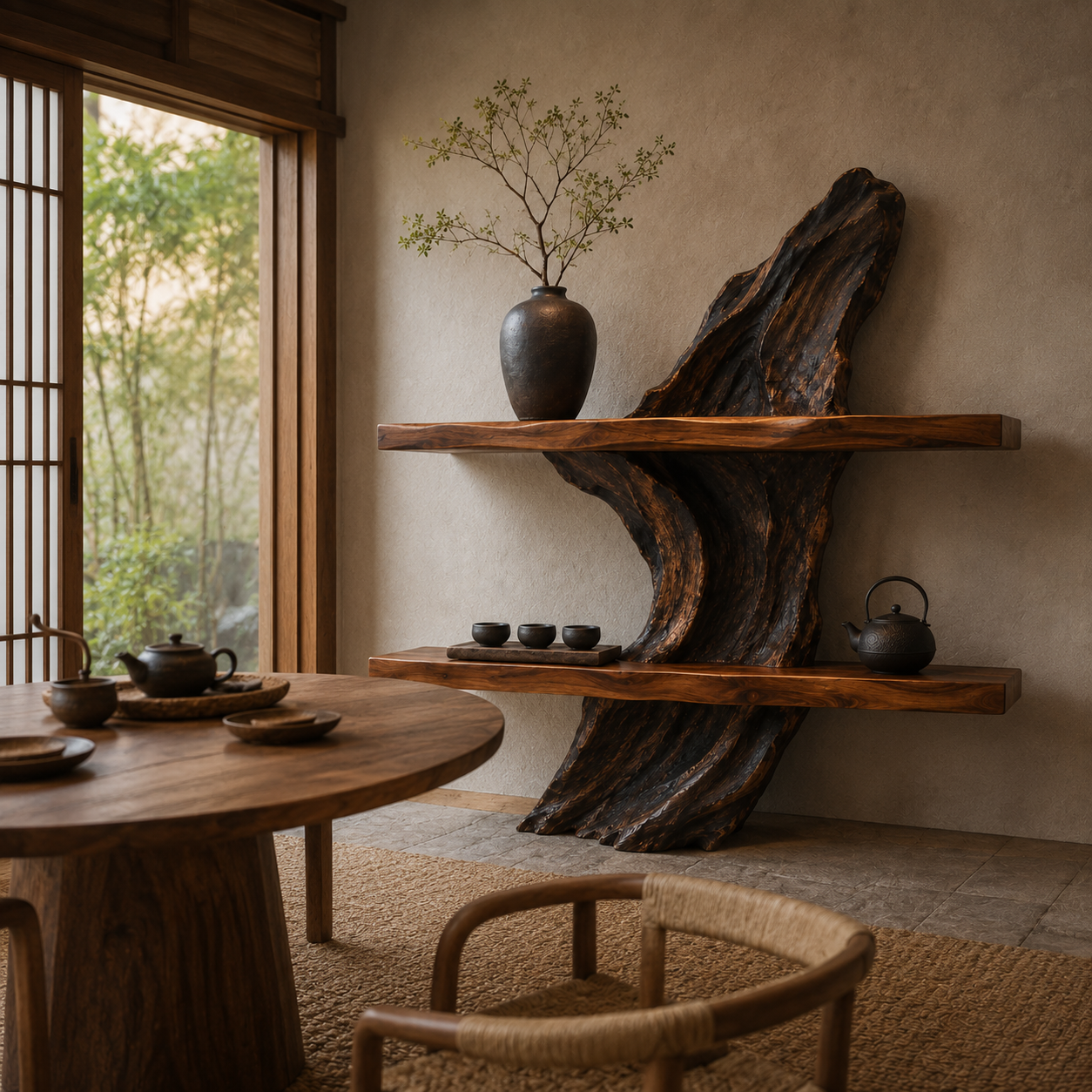 Sculptural Wood Display Shelf – Solid Wood Wall Console with Natural Driftwood Base