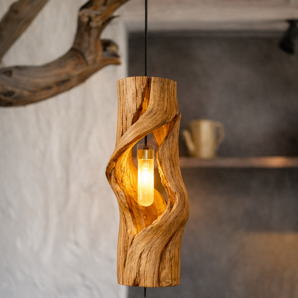 Sculptural Hanging Lamp – Solid Wood Cutout Pendant Light for Modern Home Deco