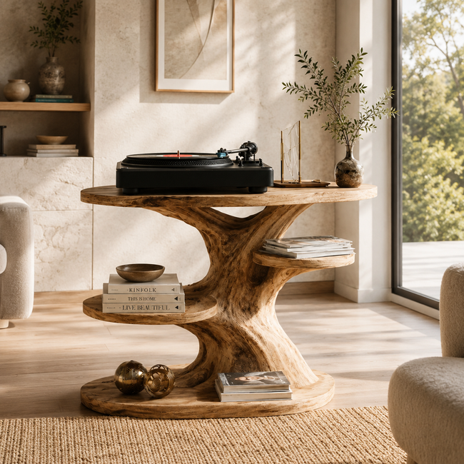 Sculptural Wooden Record Player Stand – Solid Wood Turntable Table with Vinyl Storage Main Image