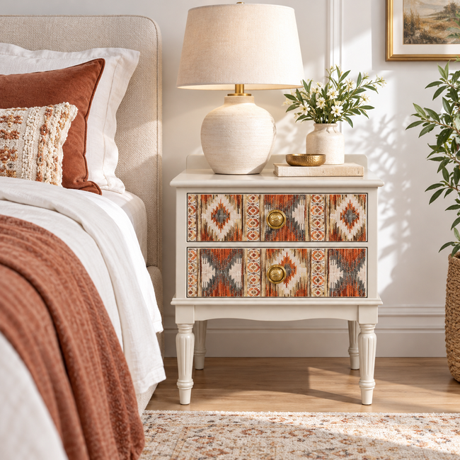 Patterned Drawer Nightstand with Turned Legs Hover Image