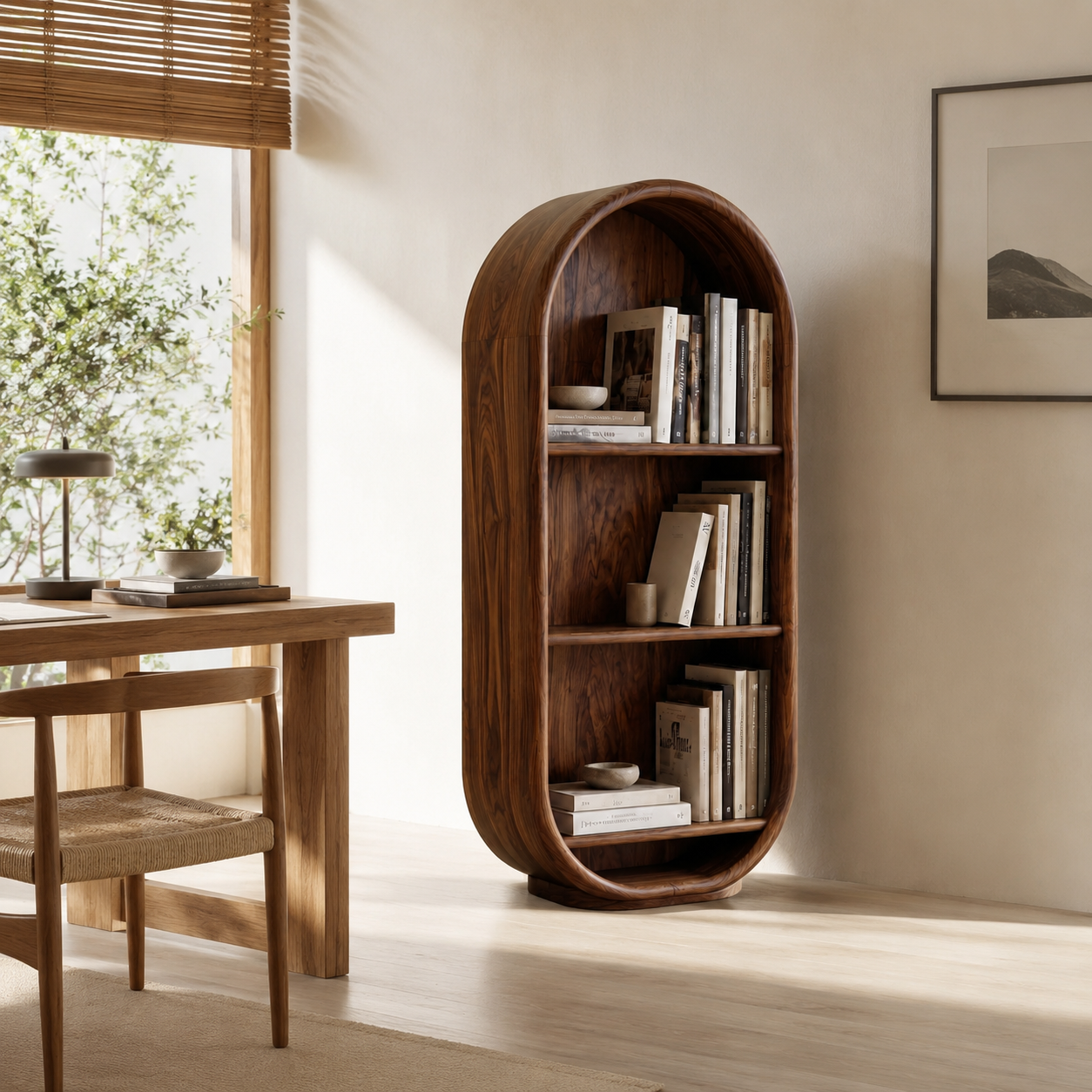 Arched Wood Bookshelf – Solid Wood Display Cabinet for Living Room Decor