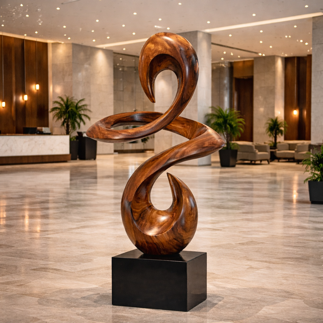 Modern Abstract Wooden Sculpture on Pedestal | Luxury Interior & Lobby Art Statue Hover Image