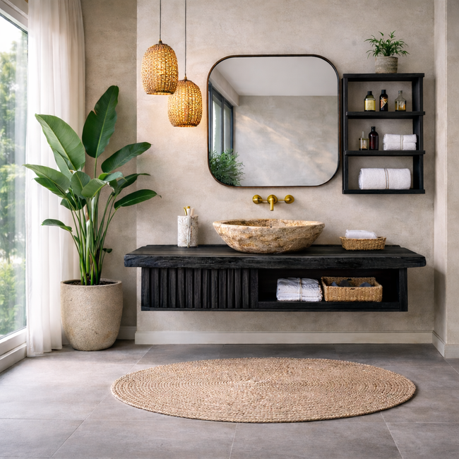 Bathroom Vanity – Modern Wooden Vanity with Mirror and Floating Shelves Main Image