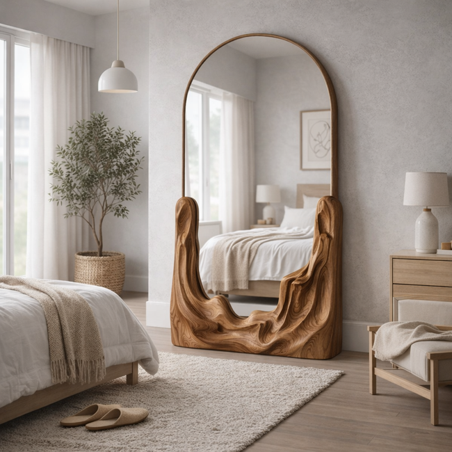 Handmade Wooden Mirror - Sculptural Wall Decor for Modern Interiors Hover Image