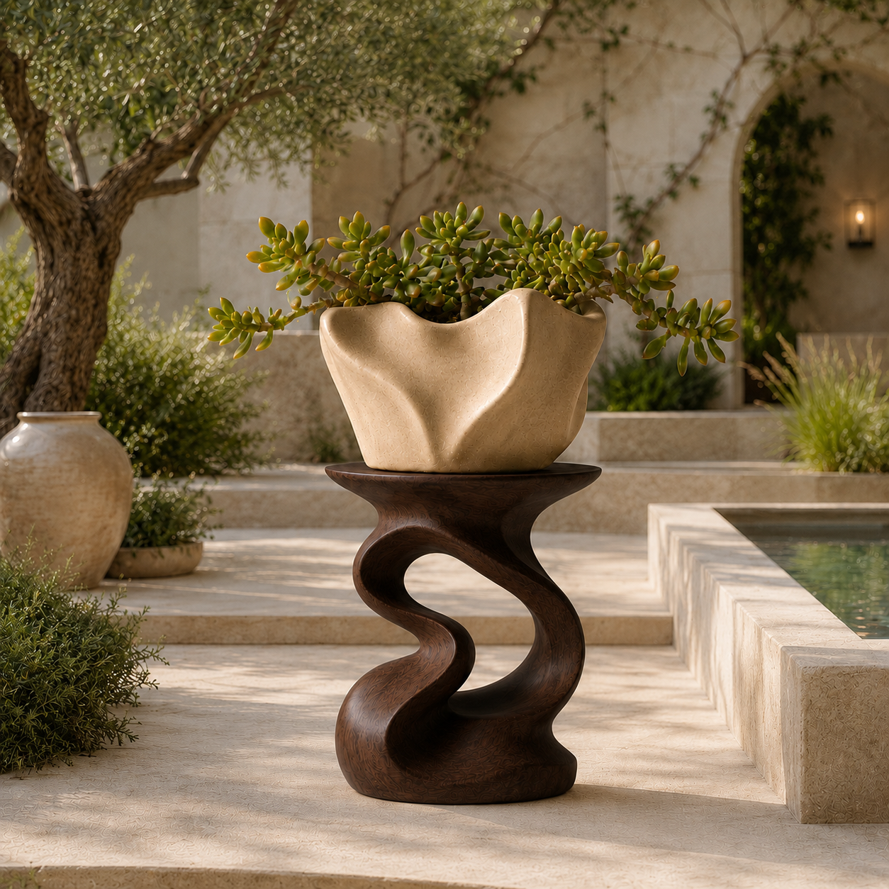 Sculptural Planter Stand – Solid Wood Plant Stand for Indoor and Outdoor Decor