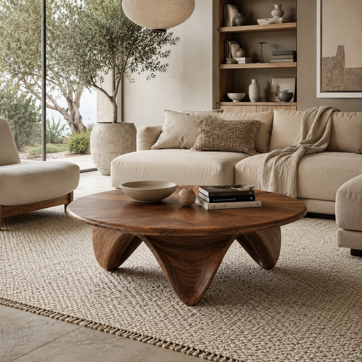 Sculptural Petal Base Wood Coffee Table