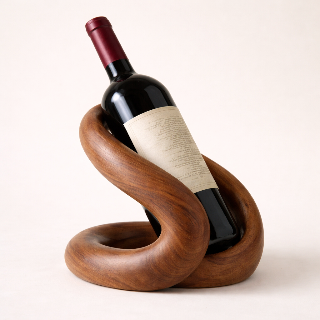 Sculptural Solid Wood Wine Holder – Hand-Carved Curved Bottle Stand