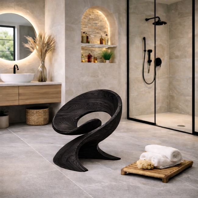 Curved Wooden Shower Chair with Storage – Modern Bathroom Seat Main Image