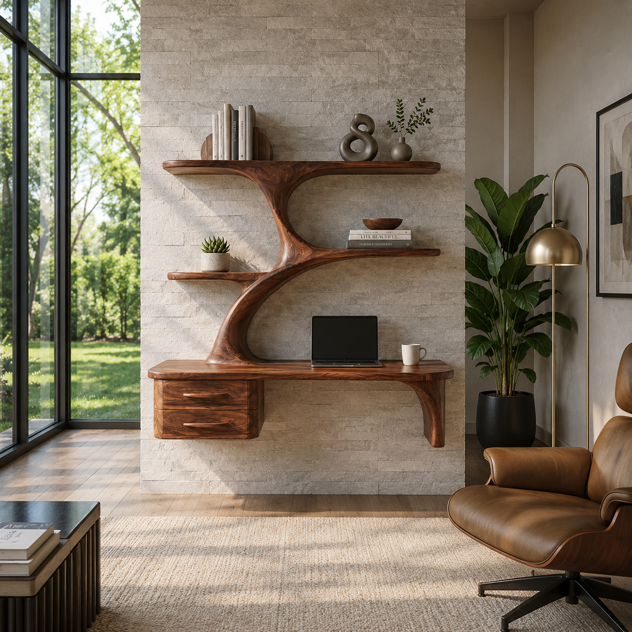 Tree Branch Wood Floating Desk – Solid Wood Wall Mounted Computer Desk for Home Office Decor