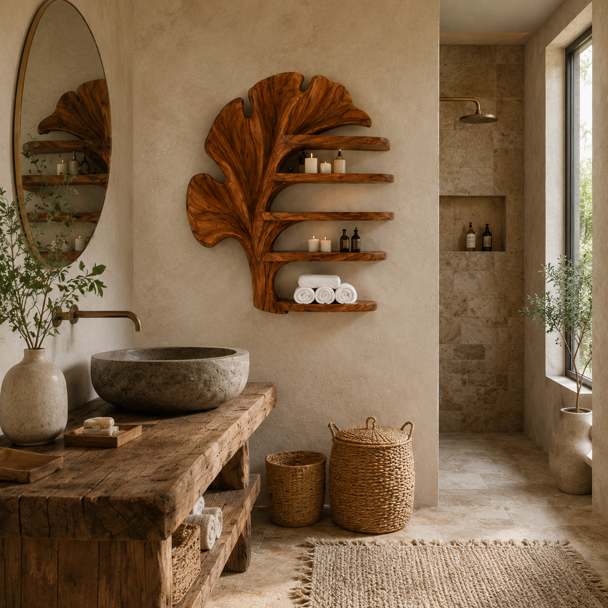 Ginkgo Leaf Wood Bathroom Shelf – Solid Wood Wall Mounted Display Shelf for Bathroom Decor