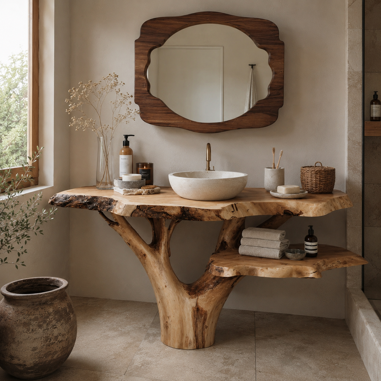 Tree Trunk Bathroom Vanity Wood Base – Handmade Solid Wood Vanity Frame for Luxury Bathroom Decor