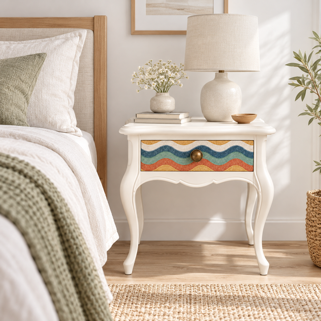 Vintage Curved Leg Nightstand with Patterned Drawer Main Image